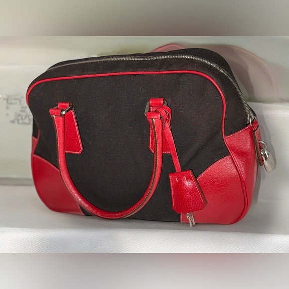 SOLD!! Not for Sale! Prada Cherry Red Brown Leather and Canvas Bowling Bag - Picture 4 of 14